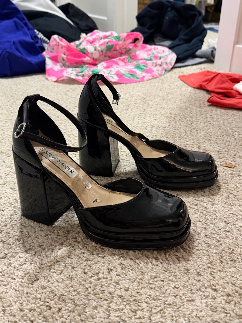 Steve Madden Women's Black Patent Mary Jane Platform Block Heel Pumps